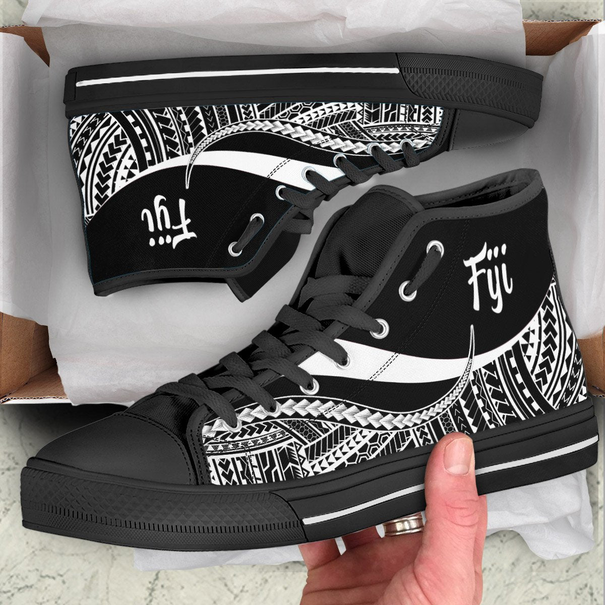 Fiji High Top Shoes White - Polynesian Tentacle Tribal Pattern Crest Unisex Black - Polynesian Pride