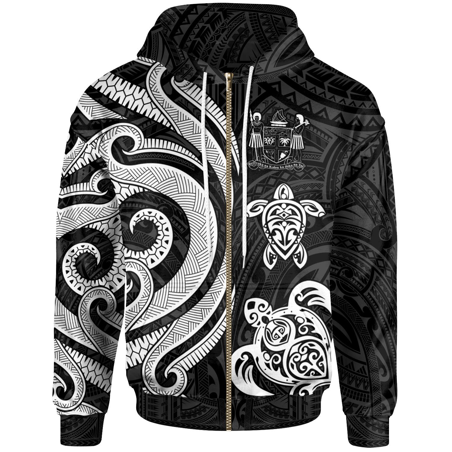 Fiji Polynesian Zip up Hoodie White Tentacle Turtle Crest Unisex White - Polynesian Pride