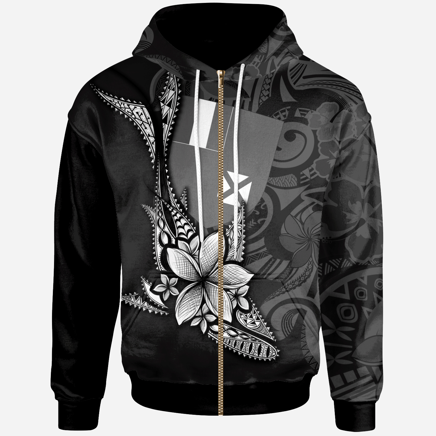 Wallis and Futuna Zip Hoodie Fish With Plumeria Flowers Style Unisex Black - Polynesian Pride