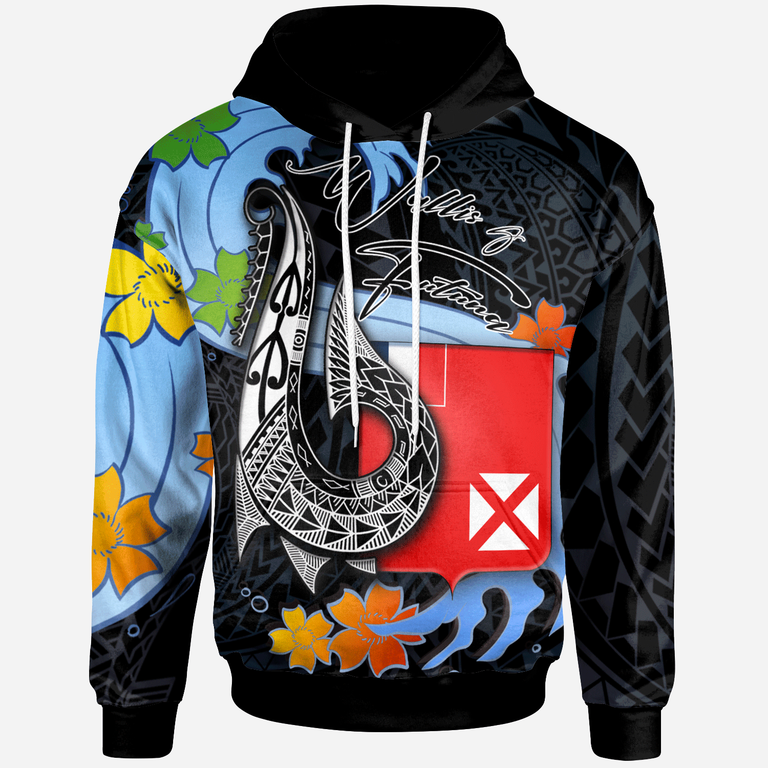 Wallis and Futuna Hoodie Fish Hooks and Wave Unisex Black - Polynesian Pride