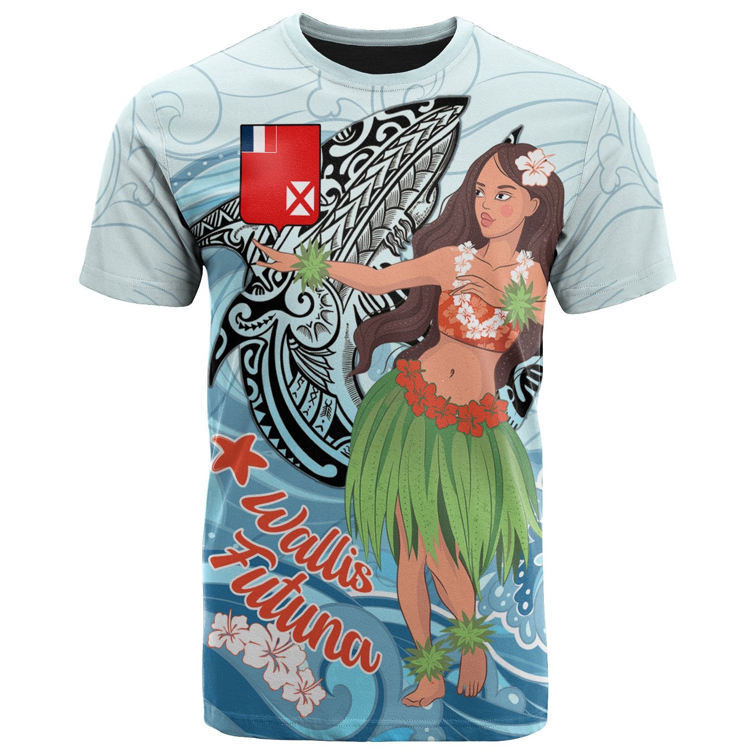 Wallis and Futuna T Shirt Polynesian Girls With Shark Unisex Black - Polynesian Pride