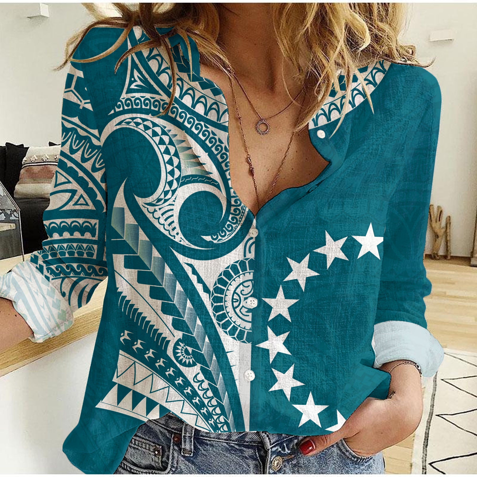(Custom Text and Number) Cook Islands Tatau Women Casual Shirt Symbolize Passion Stars Version Blue LT13 Female Blue - Polynesian Pride