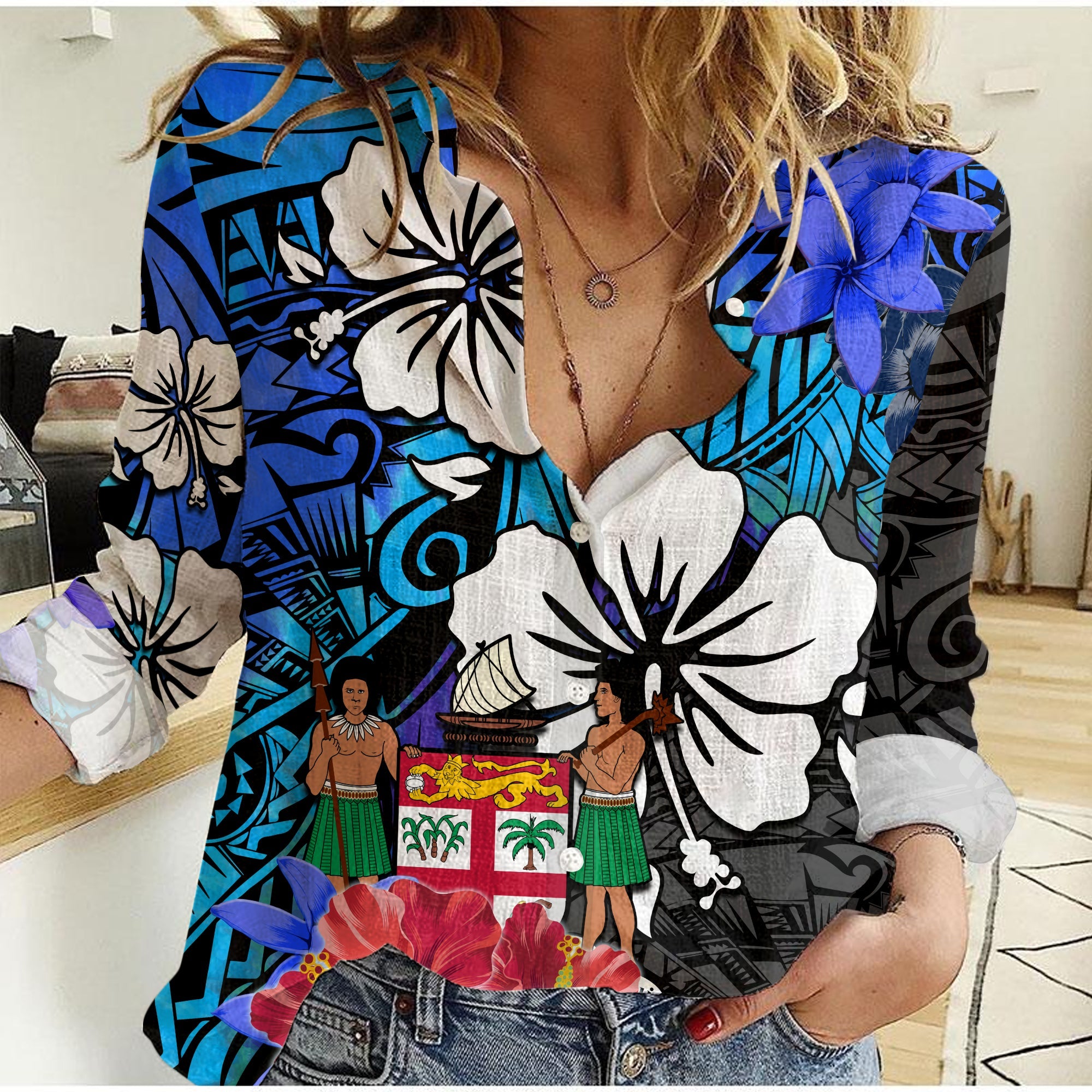 (Custom Text and Number) Fiji Tie Dye Women Casual Shirt Polynesian Blue Tribal Creative Tropical Flowers LT13 Female Blue - Polynesian Pride