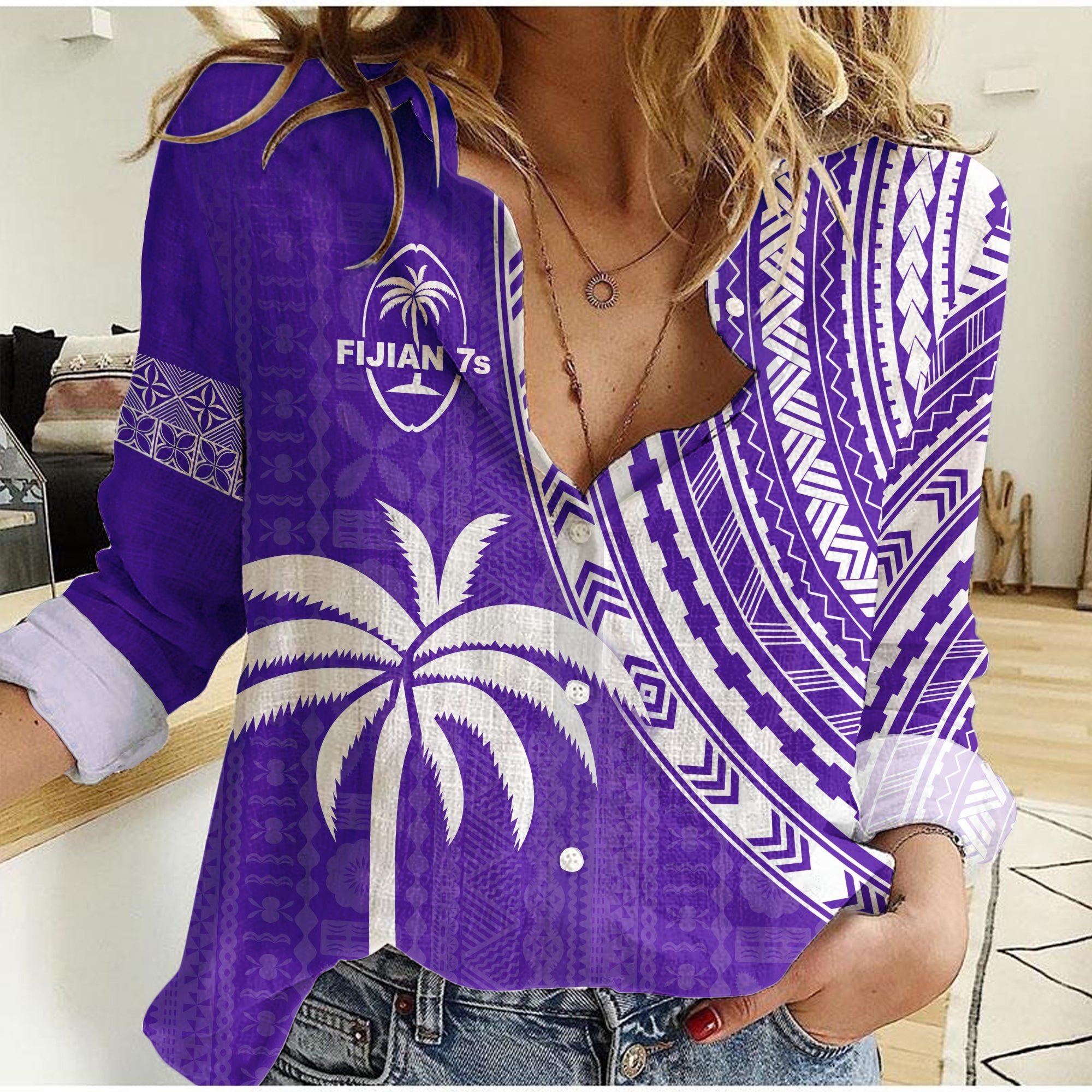 Fiji Rugby Sevens Women Casual Shirt Fijian 7s Tapa Polynesian Purple LT13 Female Purple - Polynesian Pride