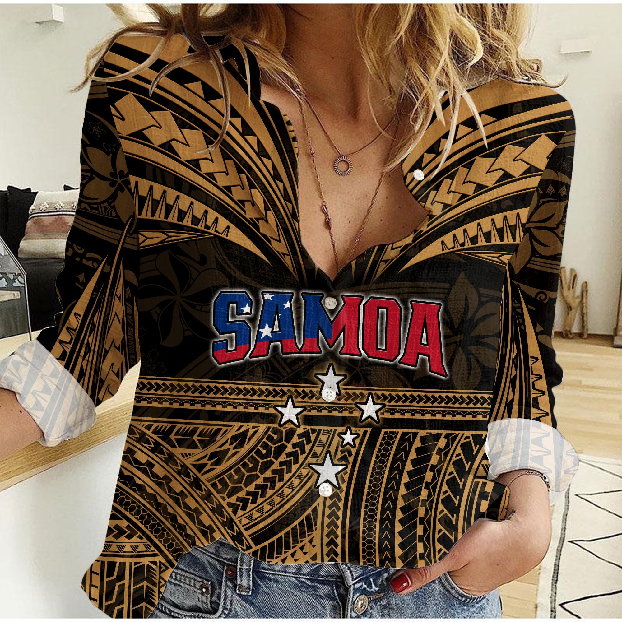 (Custom Personalised) Samoa Tatau Women Casual Shirt Gold Polynesian Proud Samoan LT13 Female Gold - Polynesian Pride