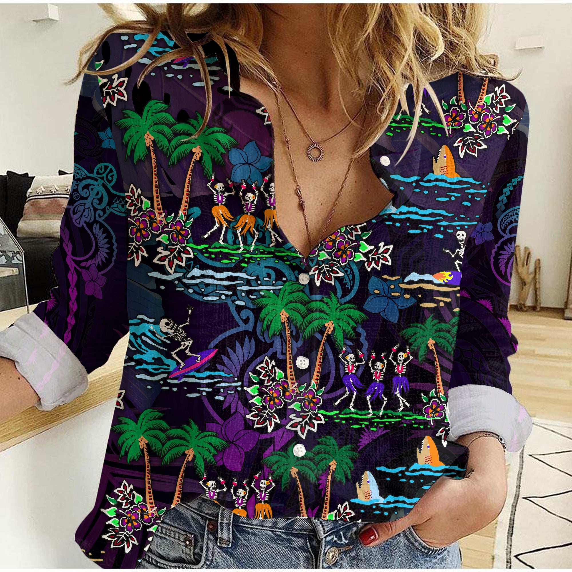 Hawaii Skeleton Dancing Women Casual Shirt Halloween Hawaiian Turtle LT13 Female Purple - Polynesian Pride