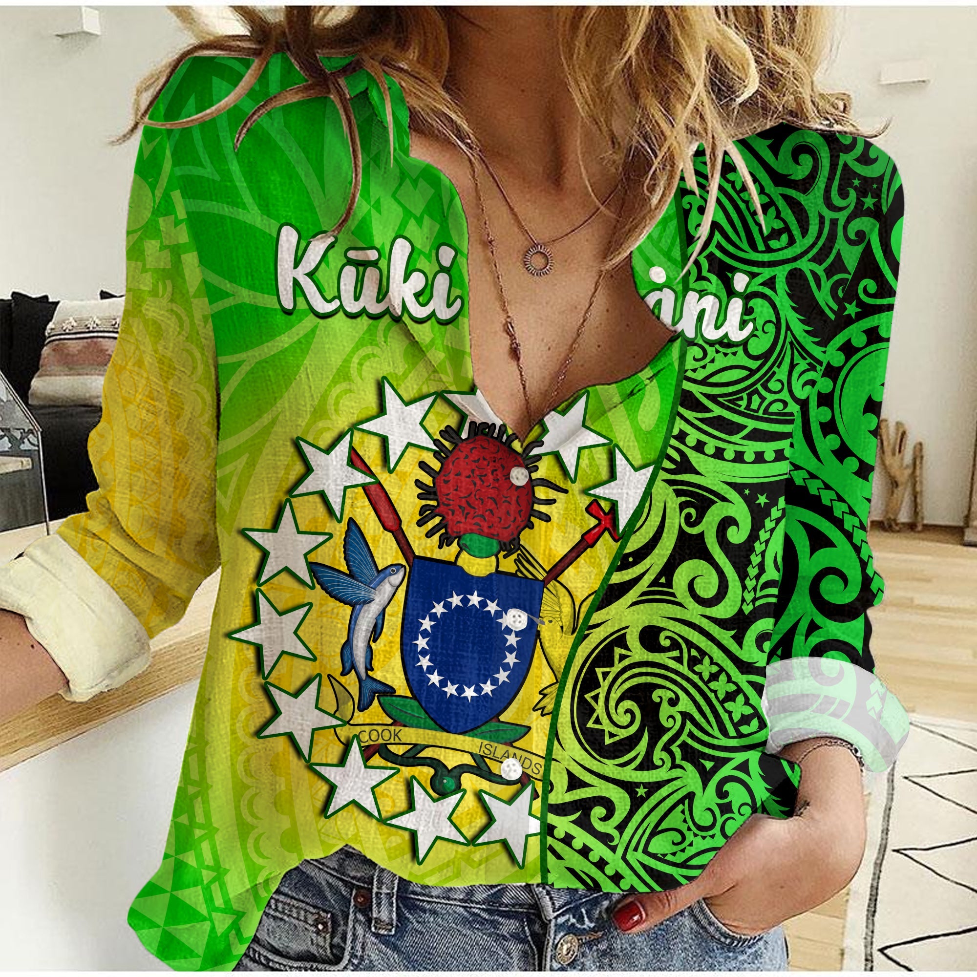 Cook Islands Women Casual Shirt Cook Islands Coat Of Arms Turtle Polynesian LT14 Female Green - Polynesian Pride