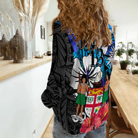 (Custom Text and Number) Fiji Tie Dye Women Casual Shirt Polynesian Blue Tribal Creative Tropical Flowers LT13 - Polynesian Pride