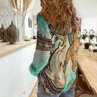 Hawaii Women Casual Shirt Polynesian Shark And Sea Turtle Dreamy Turquoise Artsy LT14 - Polynesian Pride