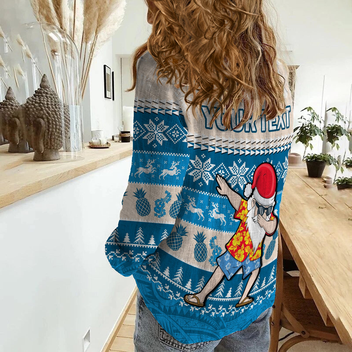 (Custom Personalised) Hawaii Mele Kalikimaka Women Causal Shirt Dabbing Santa Blue Merry Christmas LT14 - Polynesian Pride