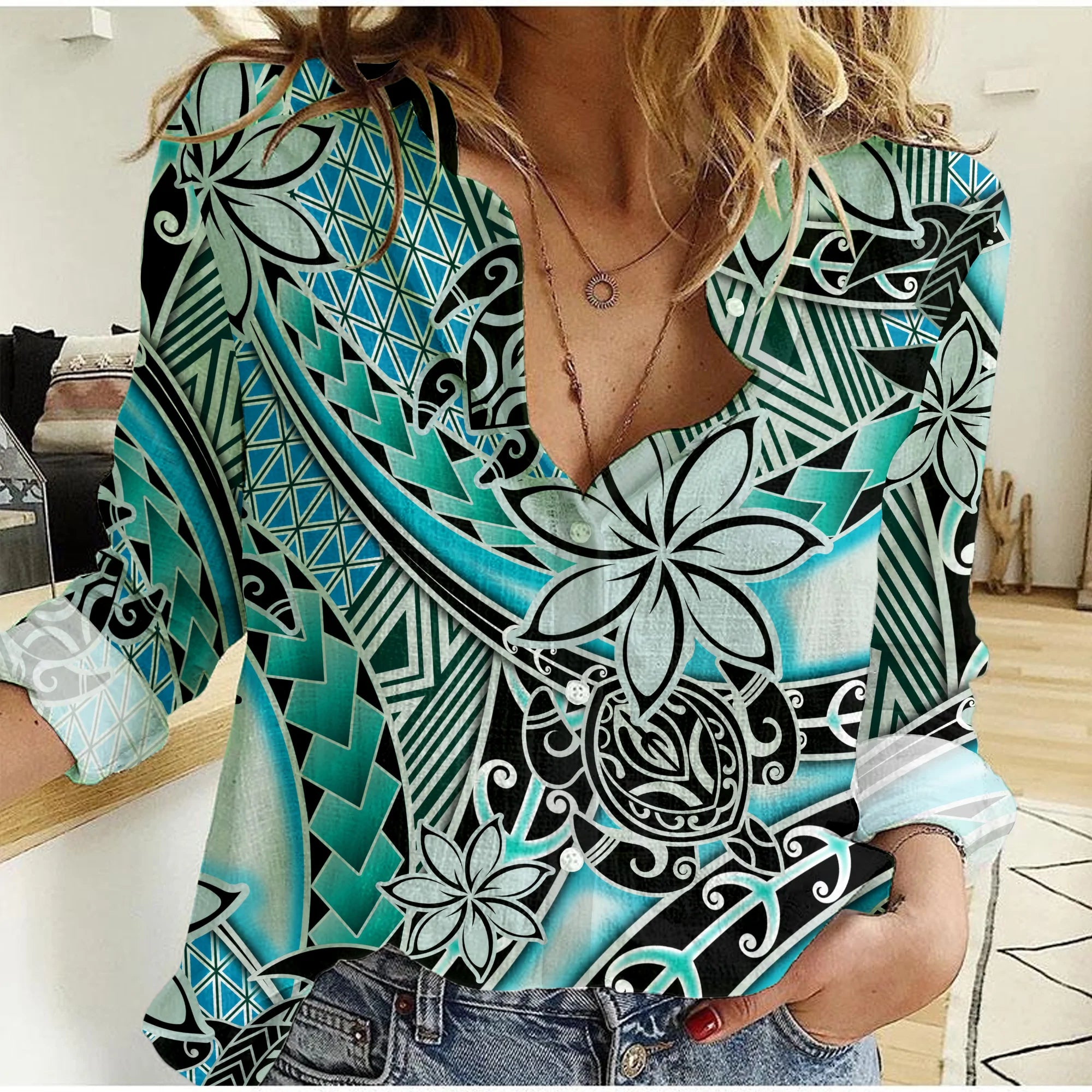 (Custom Personalised) Hawaii Women Casual Shirt Tribal Plumeria With Polynesian Turtle Ver.04 LT14 Female Turquoise - Polynesian Pride