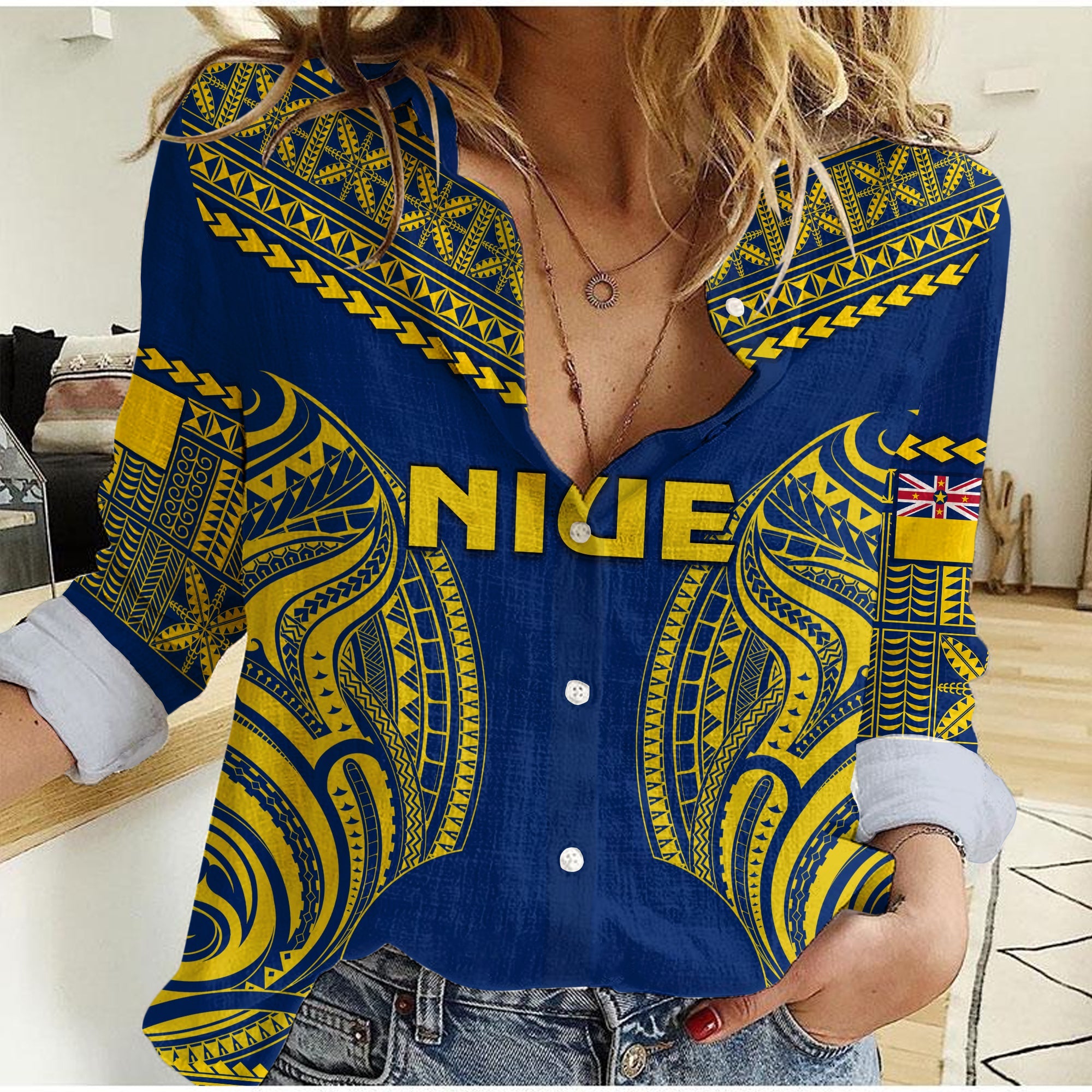 (Custom Personalised) Niue Women Casual Shirt Hiapo Mix Polynesian Happy Constitution Day LT14 Female Blue - Polynesian Pride