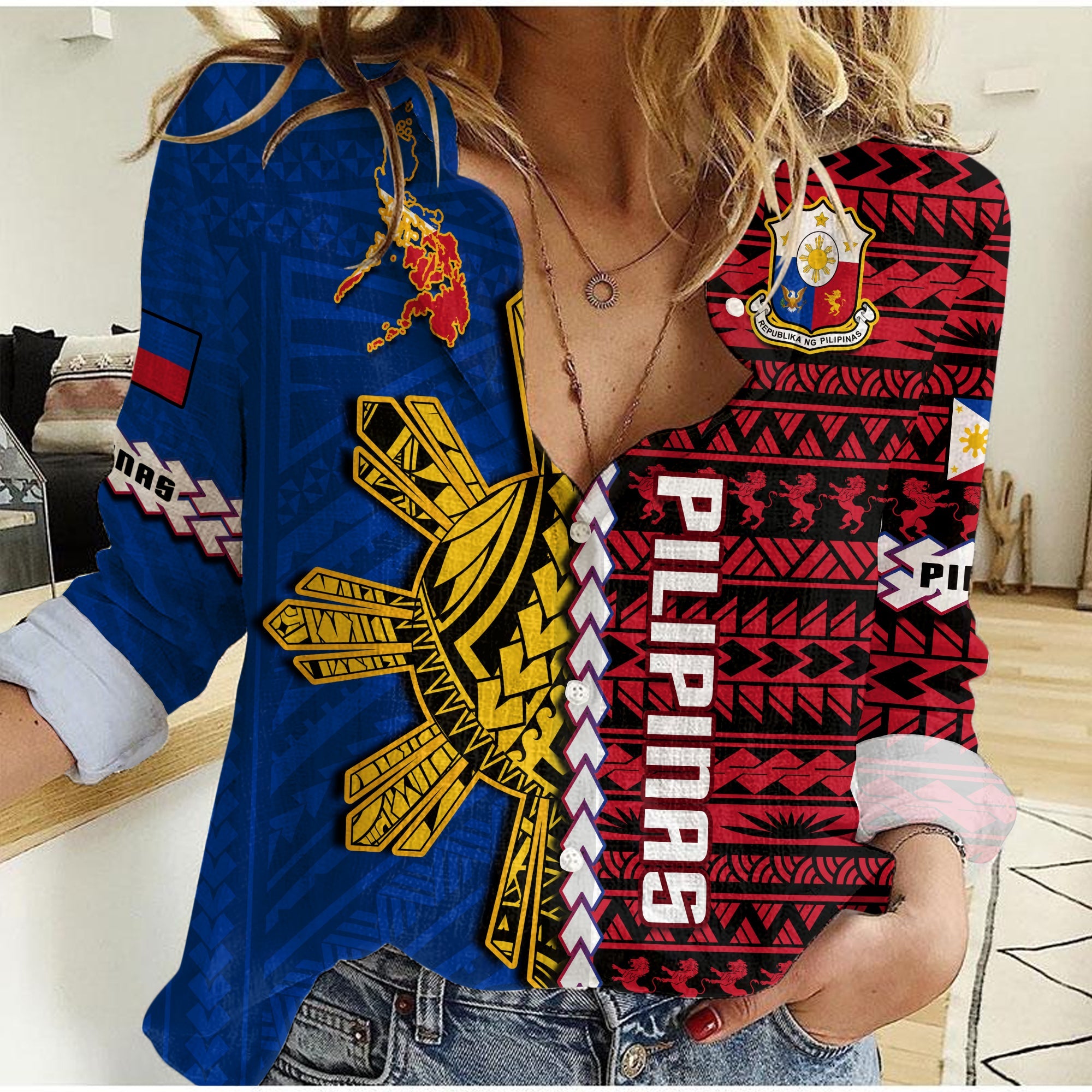 Philippines Women Casual Shirt Pilipinas Sun Mix Polynesian Pattern LT14 Female Red - Polynesian Pride