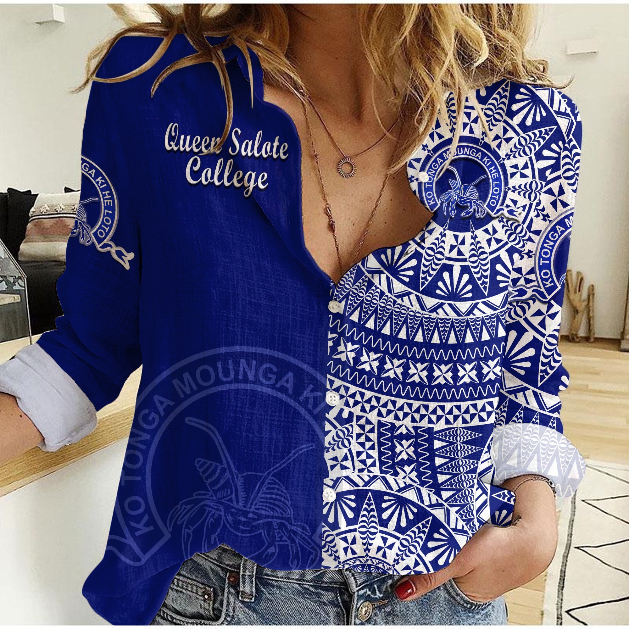 (Custom Personalised) Queen Salote Tonga College Women Casual Shirt Tongan Ngatu Pattern LT14 Female Blue - Polynesian Pride