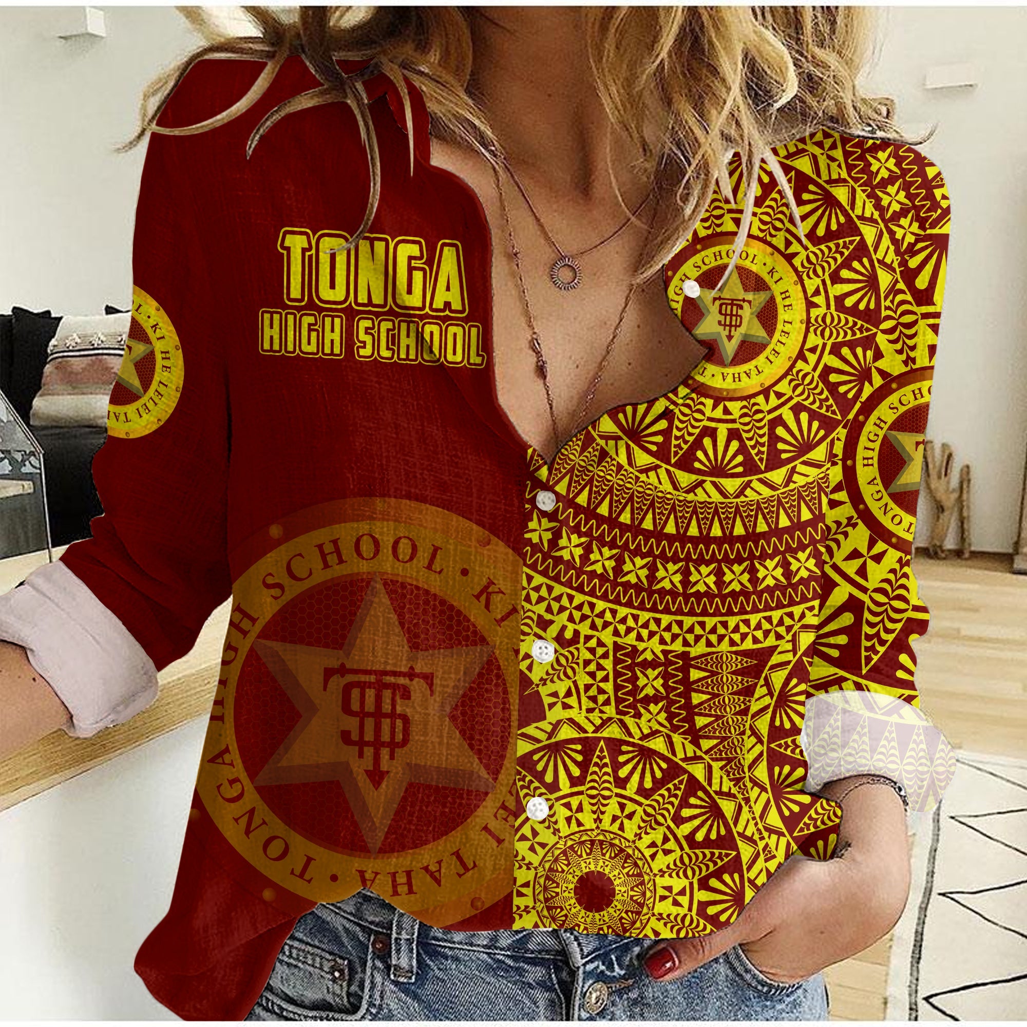 (Custom Personalised) Tonga High School Women Casual Shirt Tongan Ngatu Pattern LT14 Female Red - Polynesian Pride