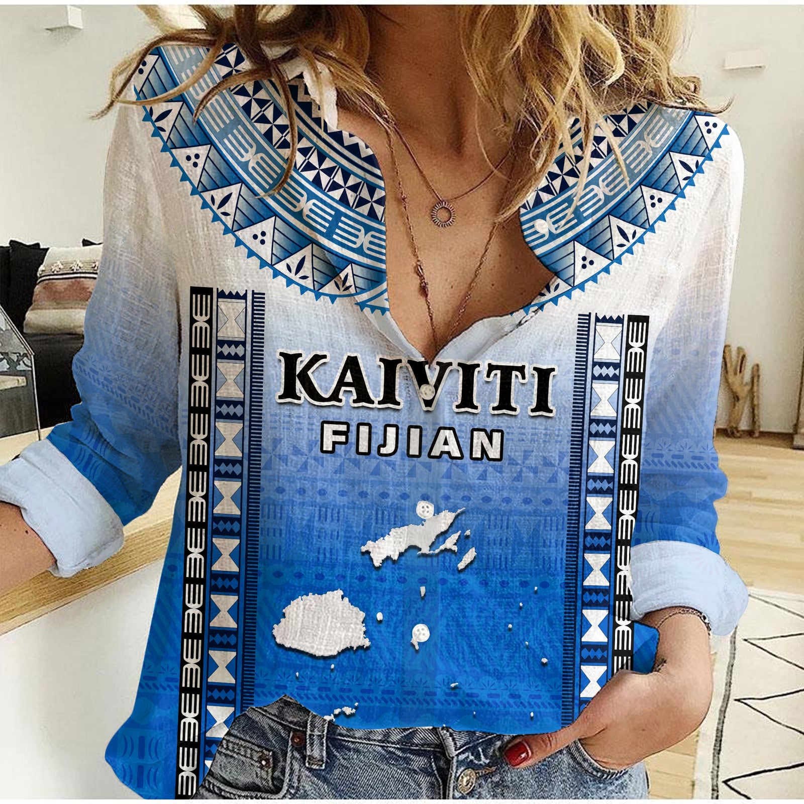 Personalised Fiji Women Casual Shirt Kaiviti Fijian Special Tapa Pattern LT14 Female Blue - Polynesian Pride