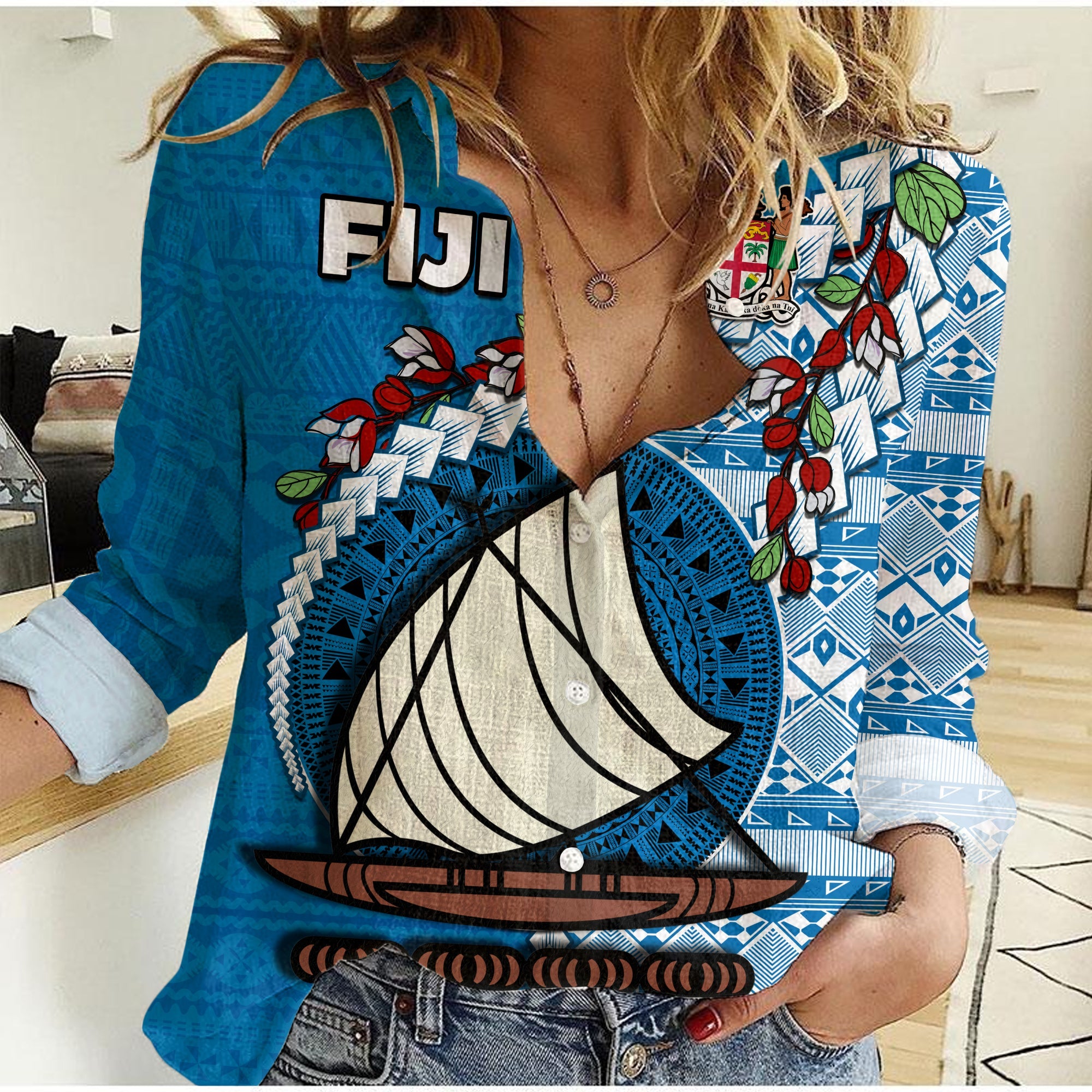 (Custom Personalised) Fiji Women Casual Shirt Fijian Drua Mix Tagimaucia Flower Blue Style LT14 Female Blue - Polynesian Pride