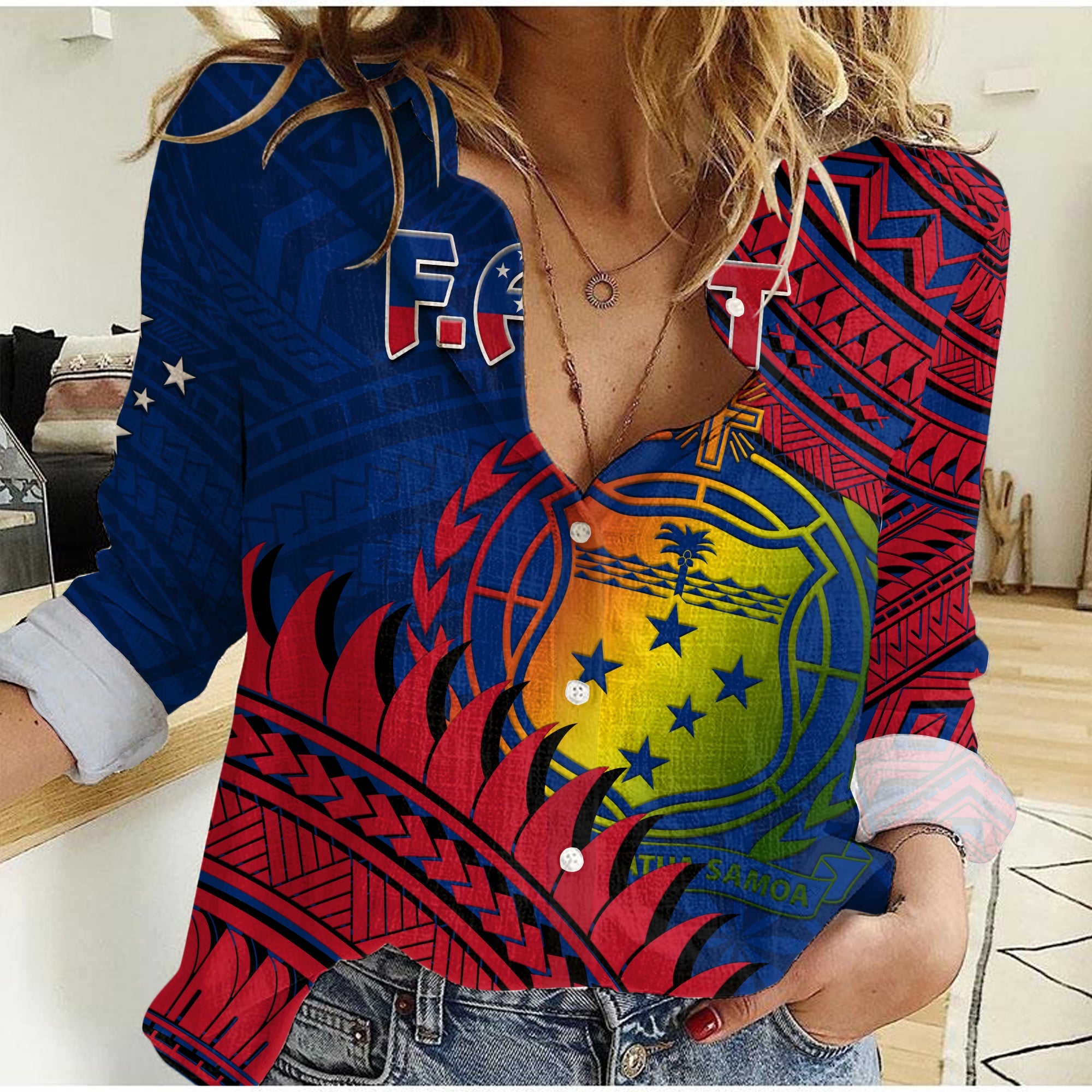 (Custom Personalised) F.A.S.T Samoa Women Casual Shirt Samoan Coat Of Arms Polynesian Pattern LT14 Female Blue - Polynesian Pride