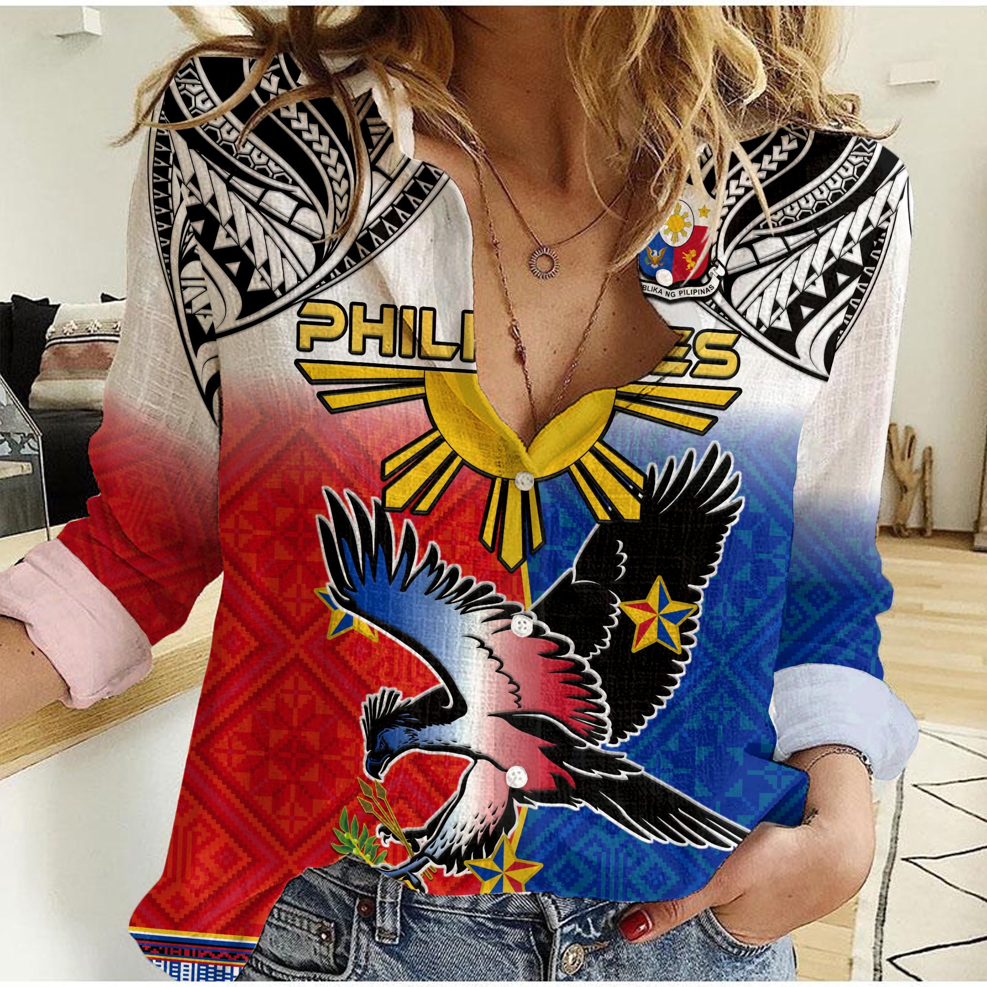 Custom Personalised Philippines Women Casual Shirt Polynesian Filipino Pattern With Eagle LT14 Female White - Polynesian Pride