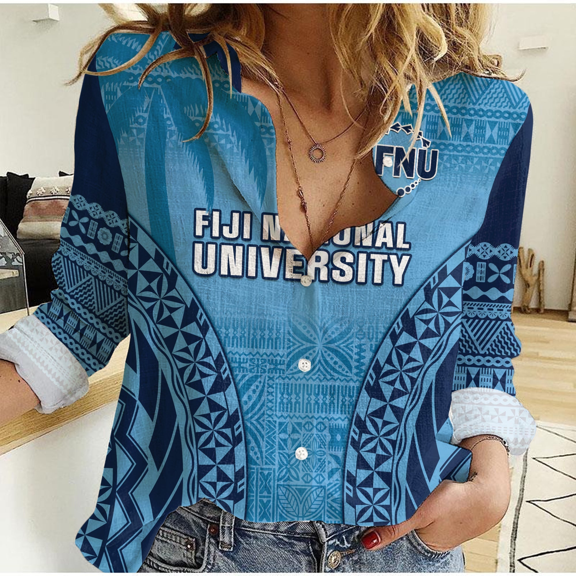 (Custom Personalised) Fiji University Women Casual Shirt National Fijian Tapa Pattern Blue LT14 Female Blue - Polynesian Pride