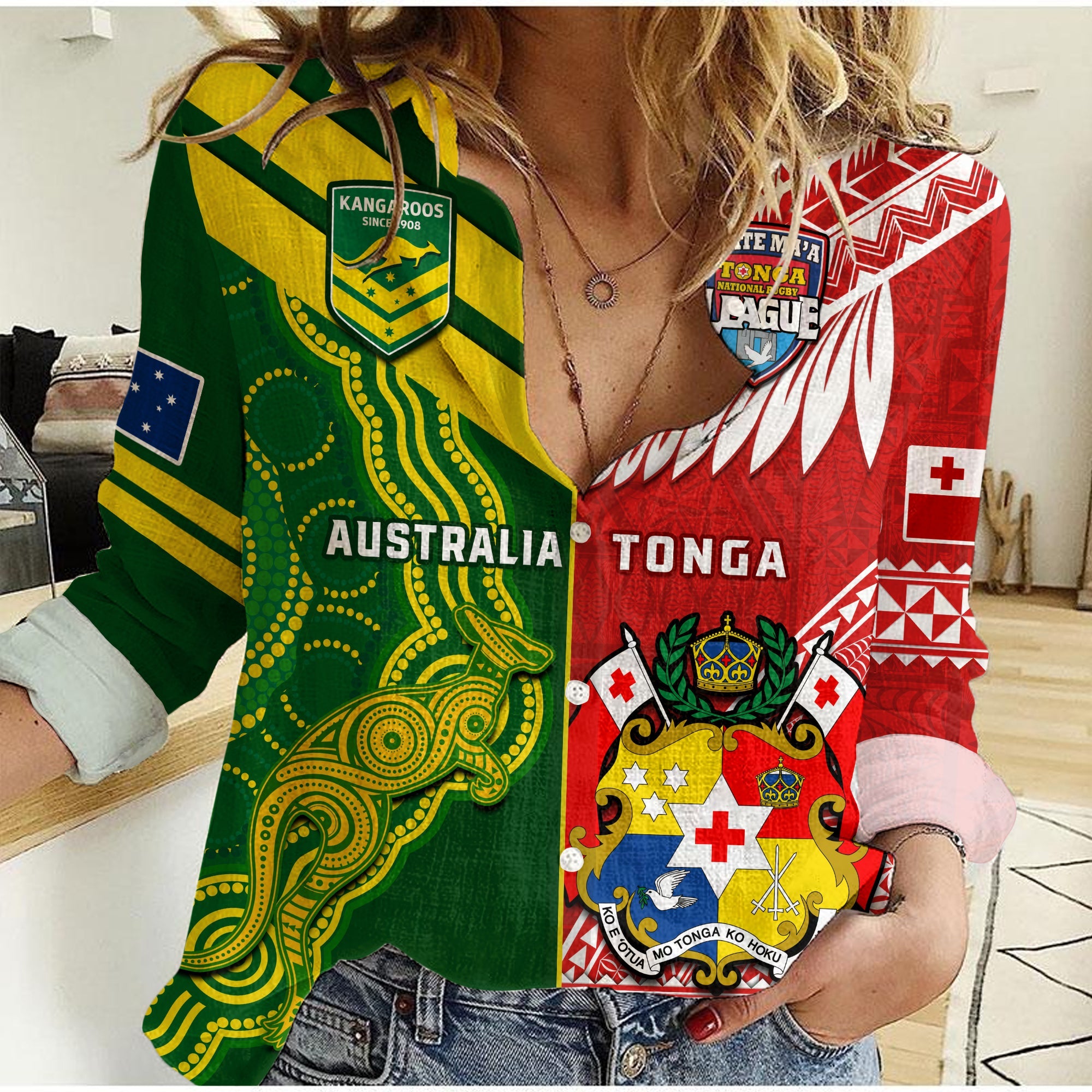 (Custom Personalised) Tonga And Australia Rugby Women Casual Shirt Mate Maa Tonga Mix Kangaroos LT14 Female Red - Polynesian Pride