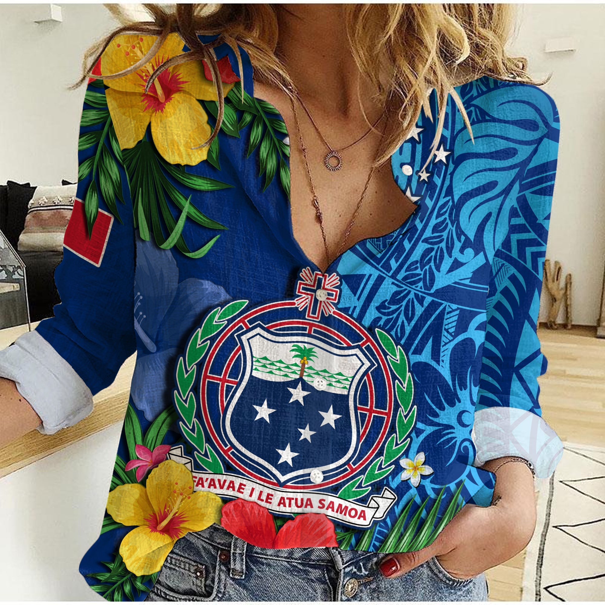 Samoa Women Casual Shirt Coat Of Arms Mix Tropical Flowers LT14 Female Blue - Polynesian Pride