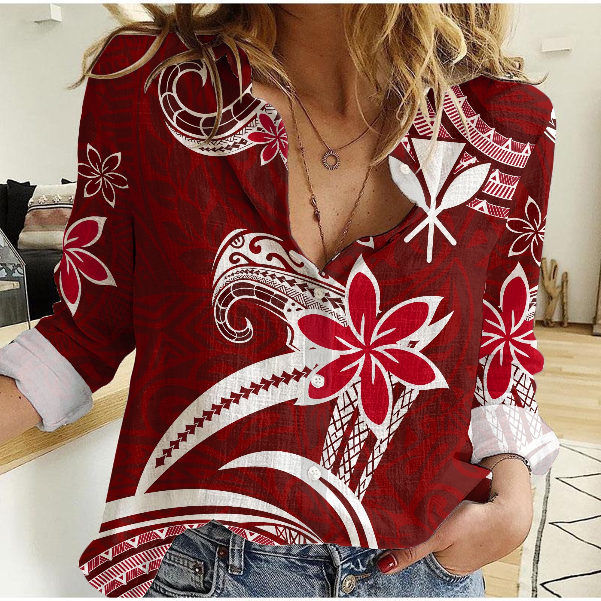 (Custom Personalised) Hawaii Flowers Wave Women Casual Shirt Kanaka Maoli Red Polynesian LT13 Female Red - Polynesian Pride