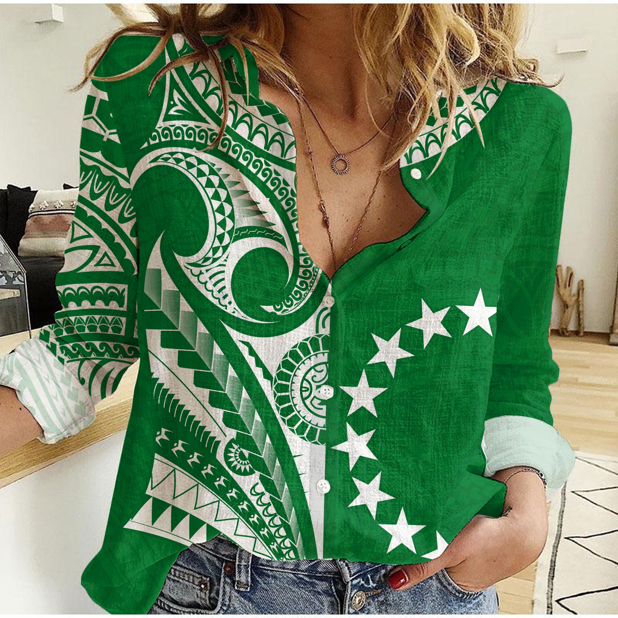 Cook Islands Tatau Women Casual Shirt Symbolize Passion Stars Version Green LT13 Female Green - Polynesian Pride