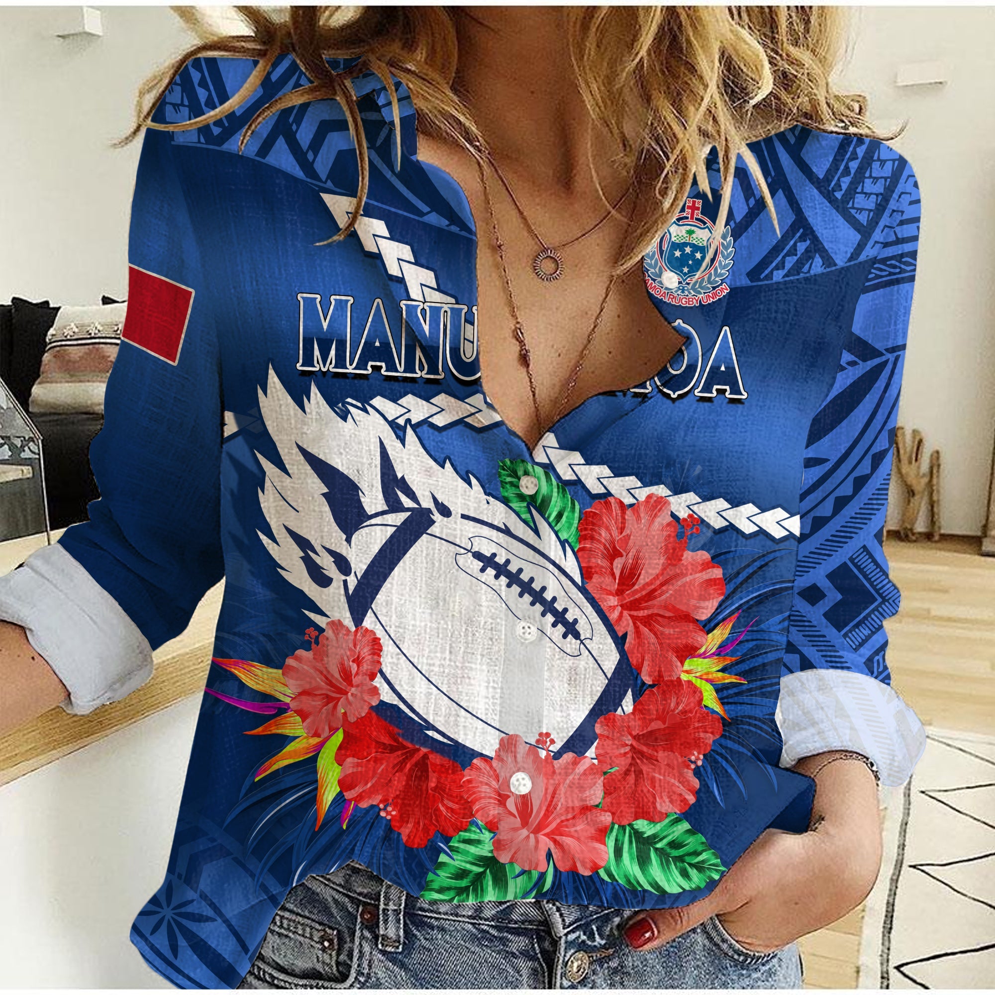 Samoa Rugby Women Casual Shirt Manu Samoa Polynesian Hibiscus Blue Style LT14 Female Blue - Polynesian Pride