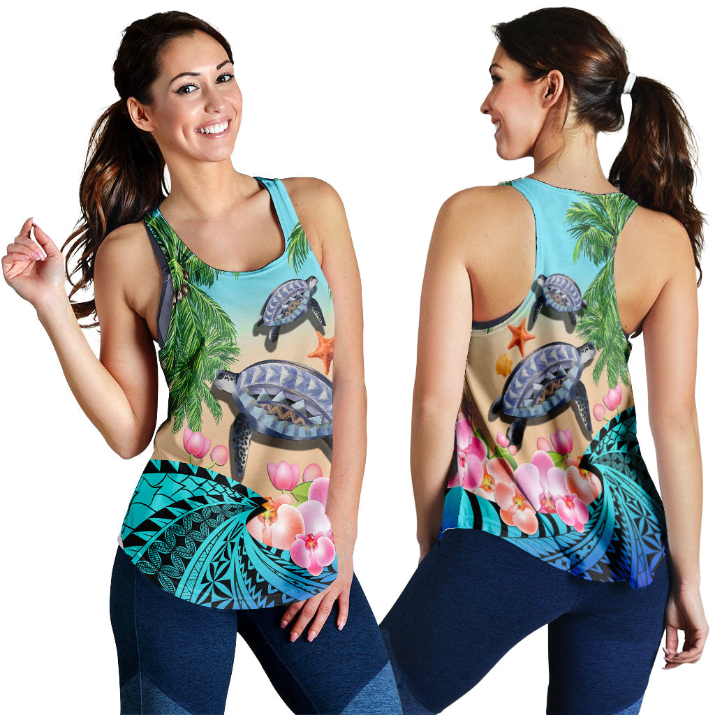 Polynesian Turtle Coconut Tree And Orchids Women Racerback Tank LT14 Blue - Polynesian Pride