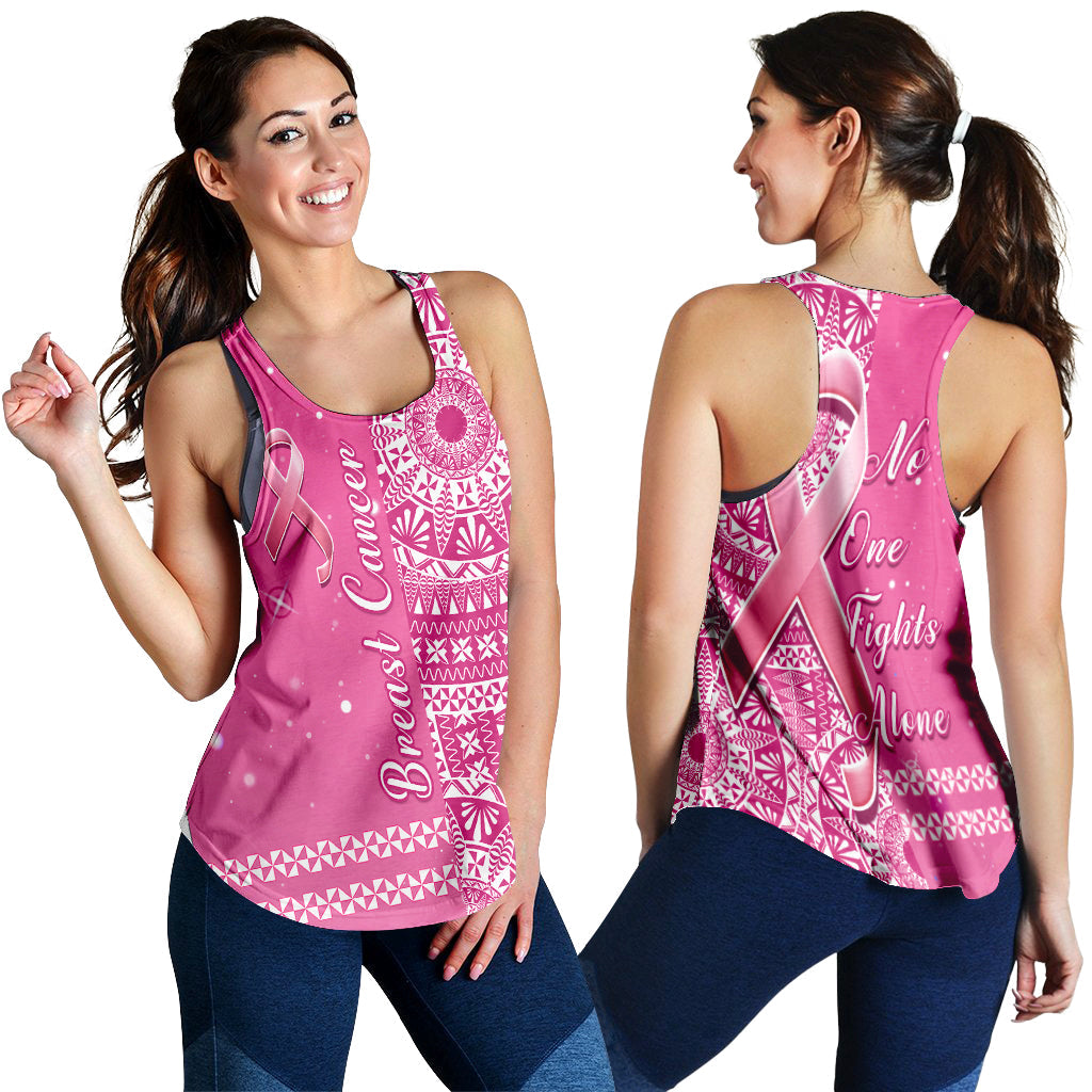 Tonga Breast Cancer Women Racerback Tank Tongan Ngatu Pattern No One Fights Alone LT14 Pink - Polynesian Pride