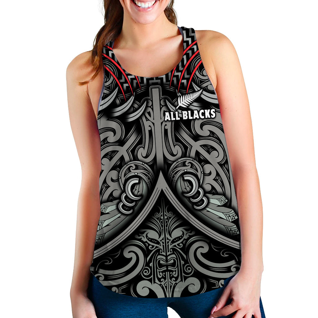 (Custom Personalised) New Zealand Silver Fern Rugby Women Racerback Tank All Black NZ Maori Pattern LT13 Black - Polynesian Pride