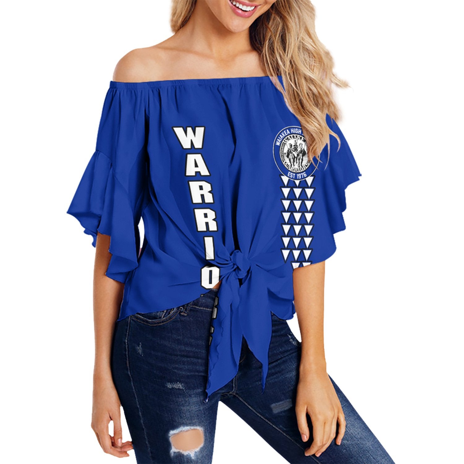 (Personalised) Hawaii - Waiakea High Custom Your Class Off Shoulder Waist Wrap Top AH Female Blue - Polynesian Pride