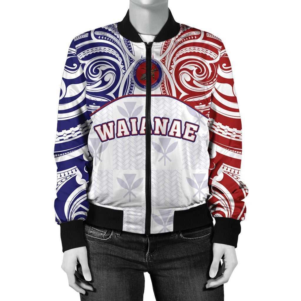 Hawaii Bomber Jacket - Kanaka Waianae High School Women's Bomber Jacket Demodern Style AH White - Polynesian Pride