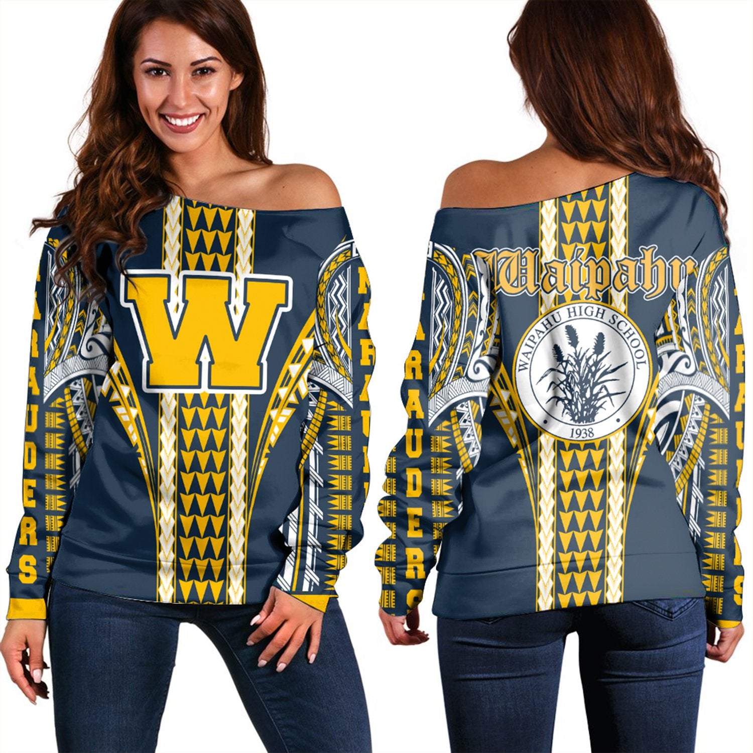 Hawaii - Waipahu High Women's Off Shoulder Sweatshirt AH Blue - Polynesian Pride