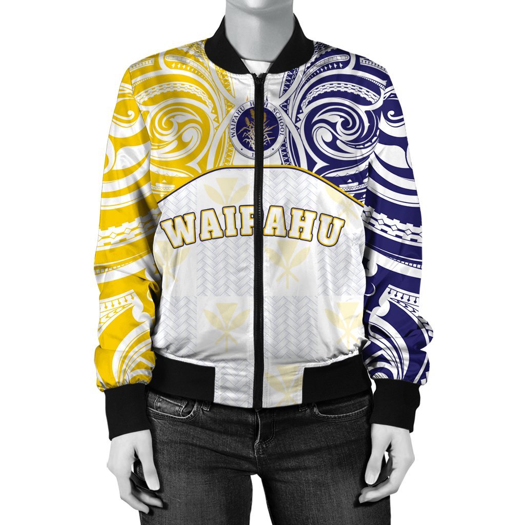 Hawaii Bomber Jacket - Kanaka Waipahu High School Women's Bomber Jacket Demodern Style AH White - Polynesian Pride