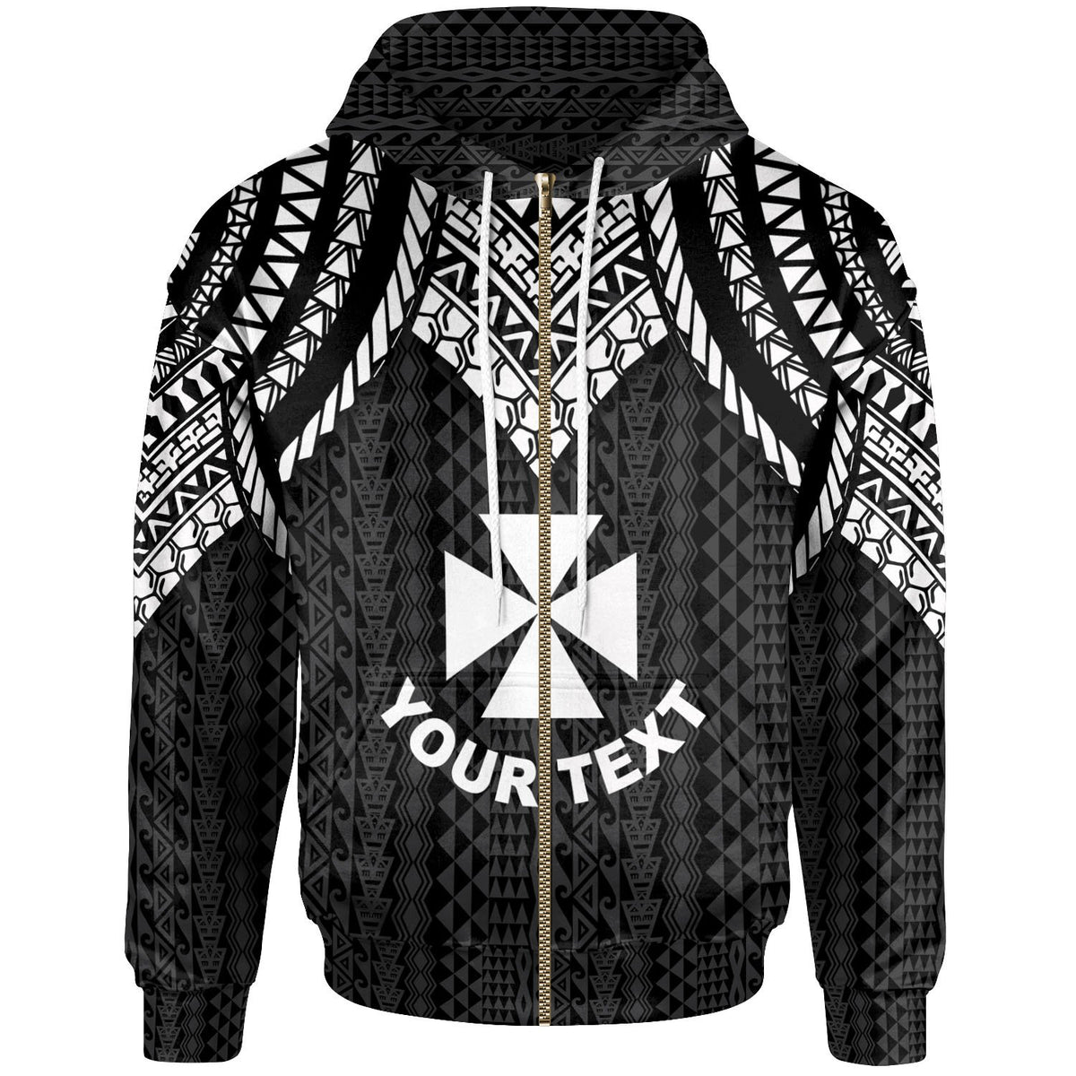 Wallis and Futuna Custom Zip up Hoodie Polynesian Armor Style Black Unisex Black - Polynesian Pride