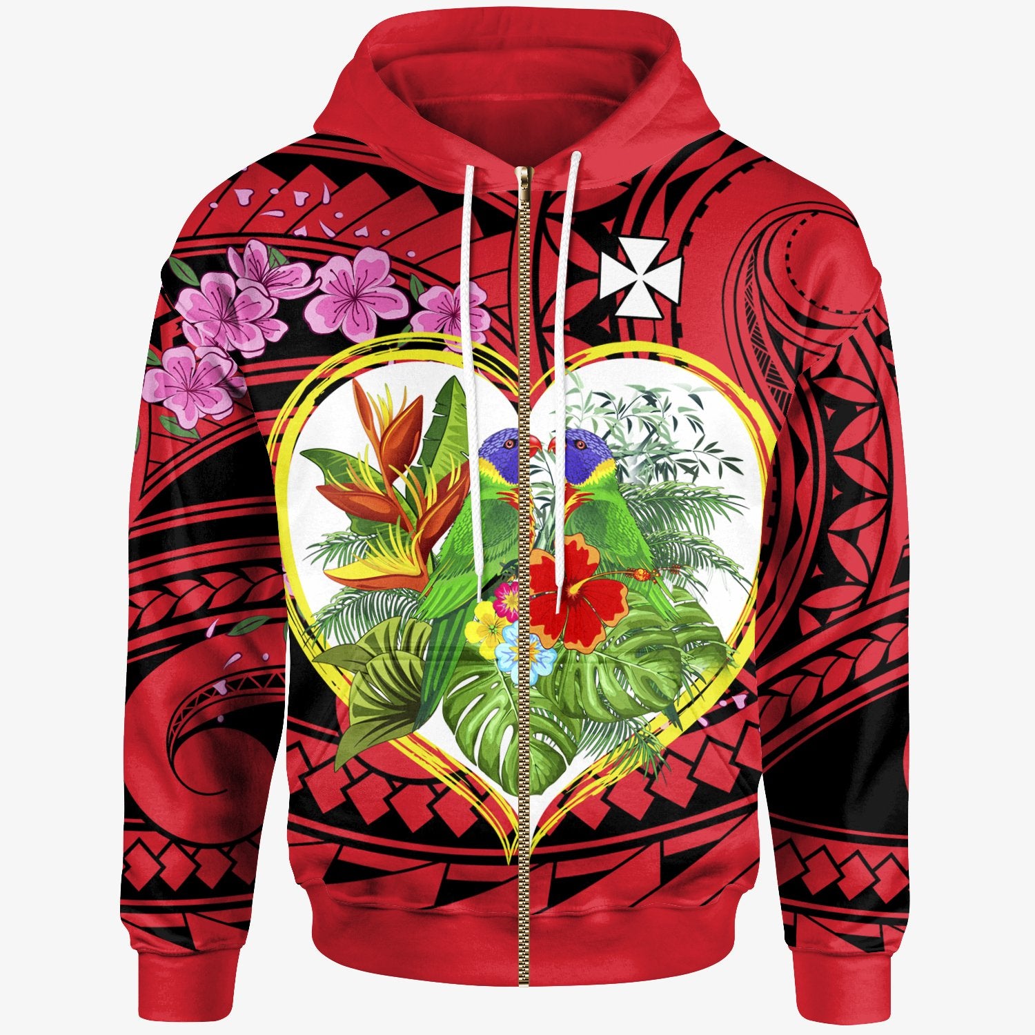 Wallis and Futuna Zip up Hoodie The Love of Blue Crowned Lory Unisex Red - Polynesian Pride