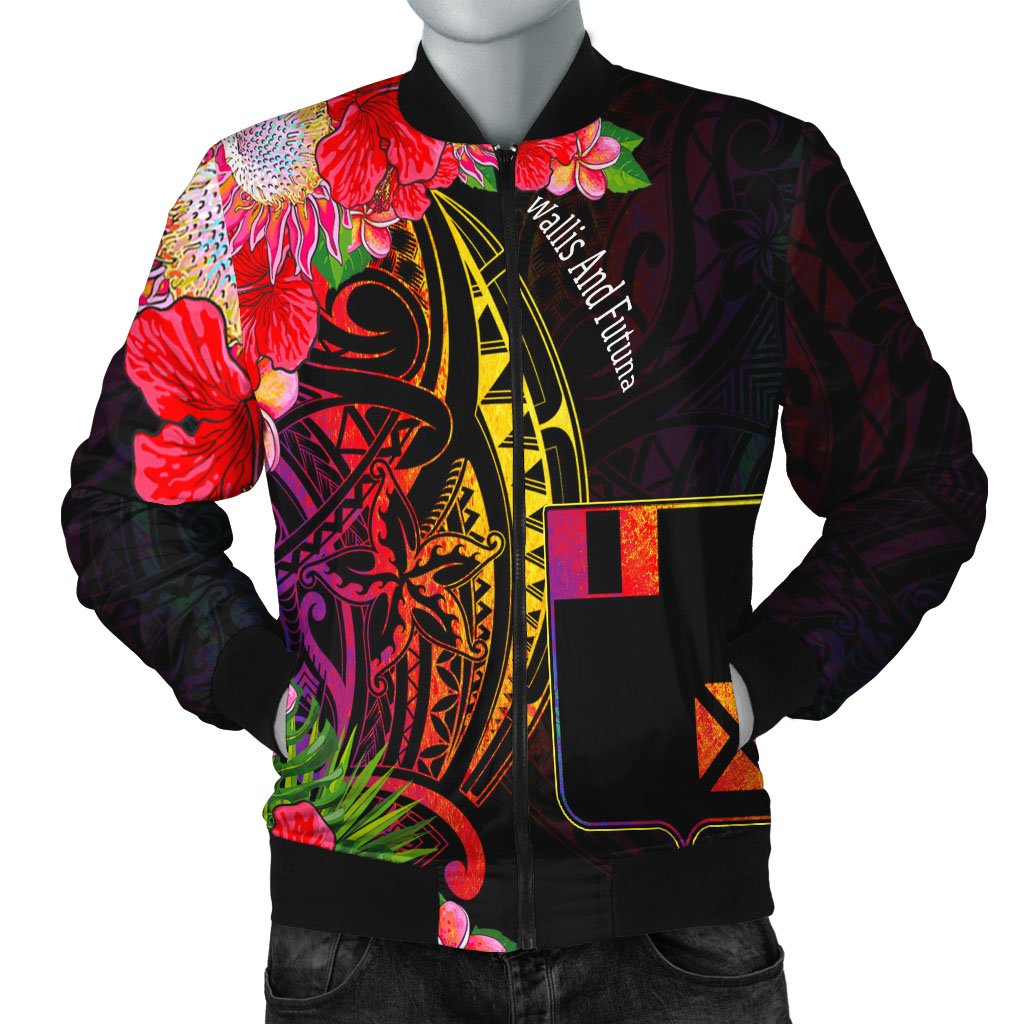 Wallis and Futuna Men's Bomber Jacket - Tropical Hippie Style Black - Polynesian Pride