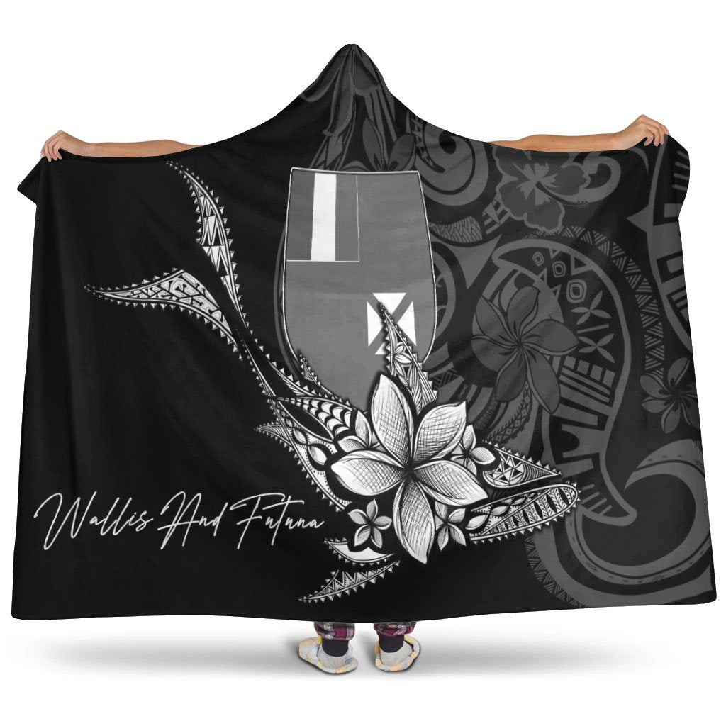 Wallis and Futuna Hooded Blanket - Fish With Plumeria Flowers Style Hooded Blanket Black - Polynesian Pride