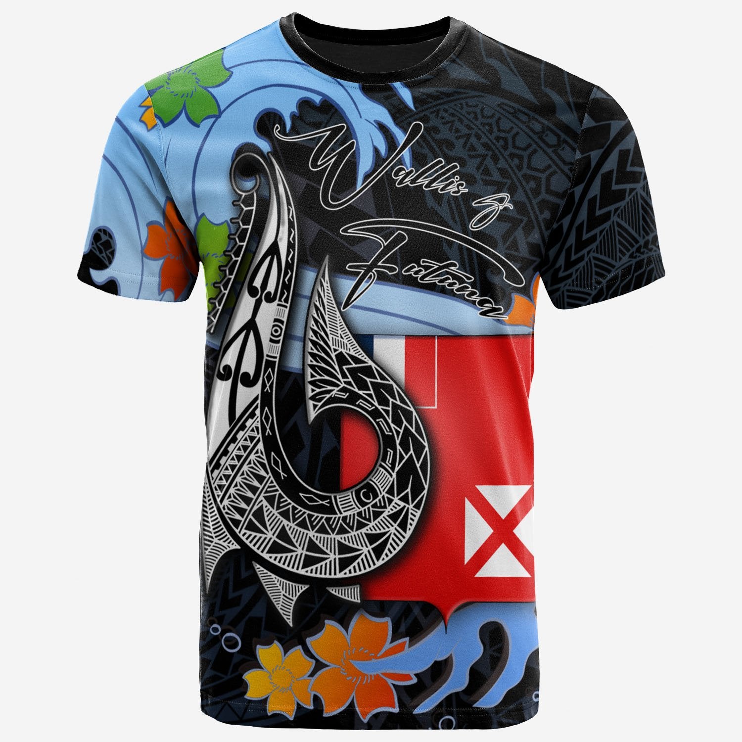 Wallis and Futuna T Shirt Fish Hooks and Wave Unisex Black - Polynesian Pride