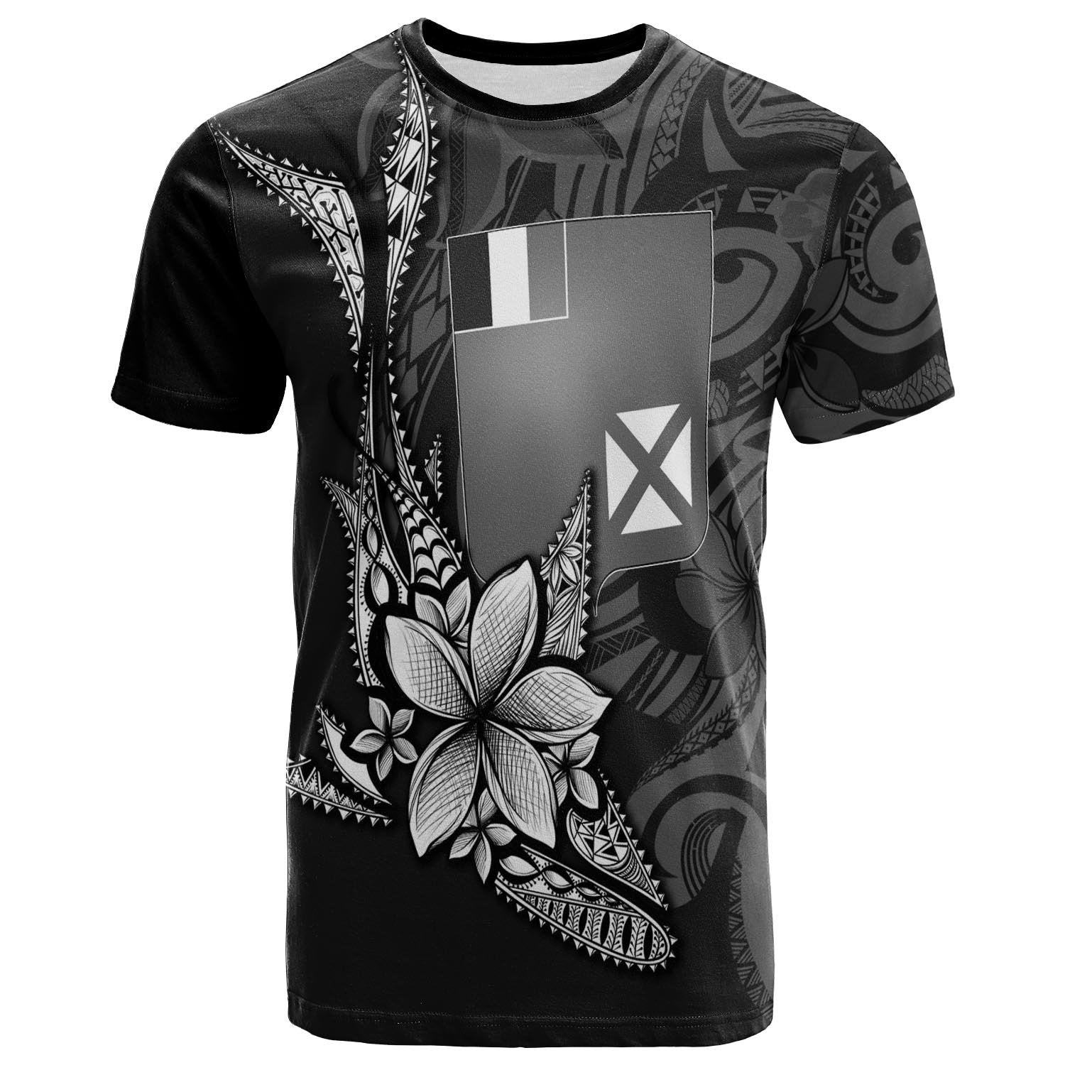 Wallis and Futuna T Shirt Fish With Plumeria Flowers Style Unisex Black - Polynesian Pride