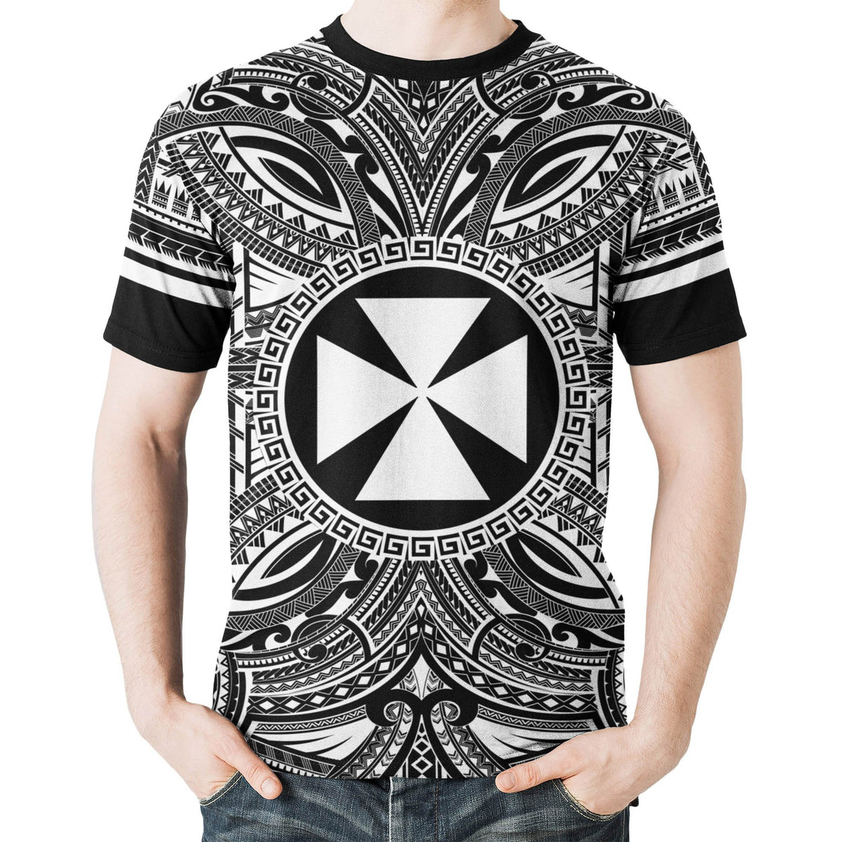 Wallis and Futuna T Shirt Wallis et Futuna Coat of Arms Polynesian White Black - Polynesian Pride