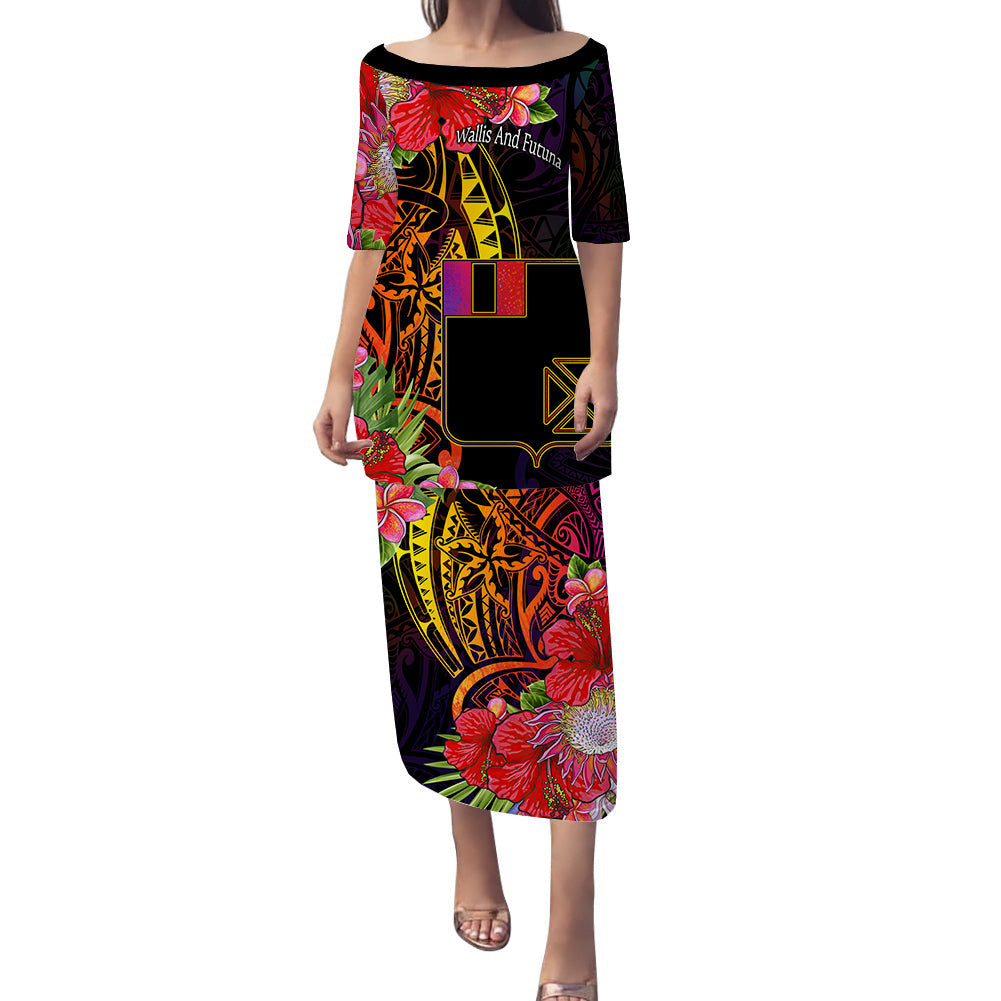 Wallis And Futuna Puletasi Dress Tropical Hippie Style LT14 Black - Polynesian Pride