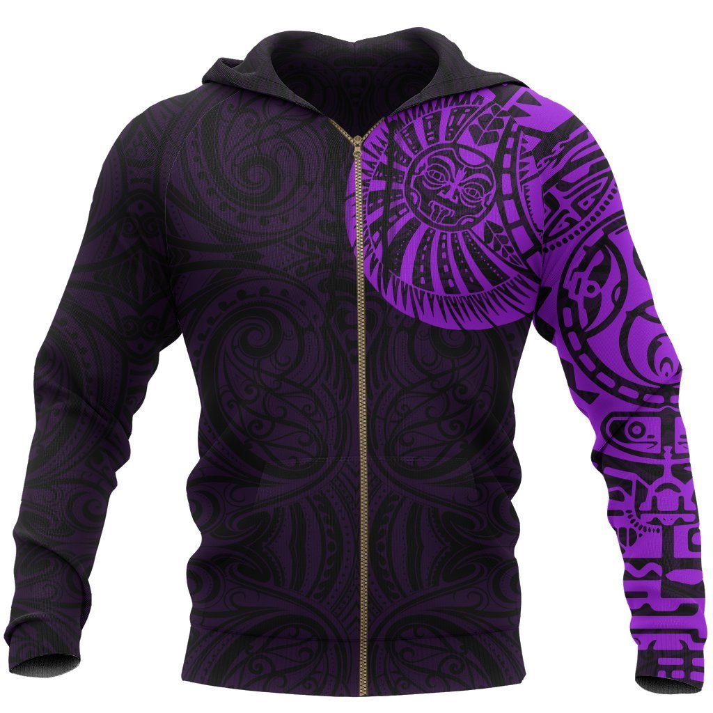 New Zealand Maori Zip Hoodie, Maori Warrior Tattoo Full Zip Hoodie Purple Unisex Black - Polynesian Pride
