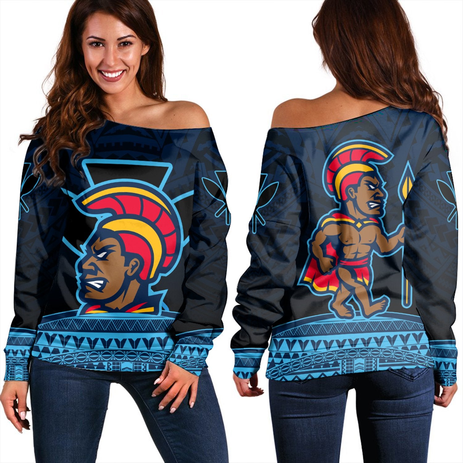 Hawaiian - Polynesian Kanaka Warrior Off Shoulder Sweater - Strong Style - AH Blue - Polynesian Pride