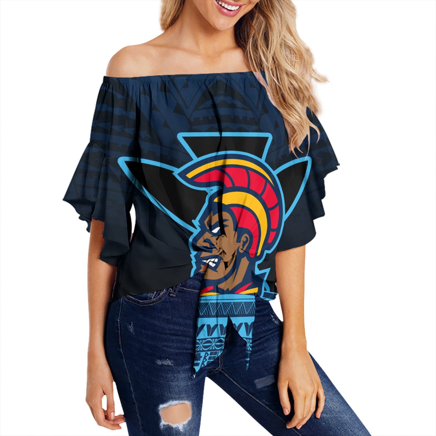 Hawaiian - Polynesian Kanaka Warrior Off Shoulder Waist Wrap Top - Strong Style - AH Female Blue - Polynesian Pride