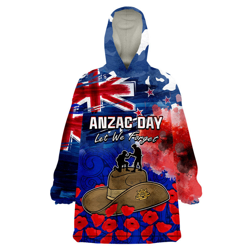 New Zealand ANZAC Day Wearable Blanket Hoodie Grunge Aotearoa Flag and Red Poppy LT9 - Polynesian Pride