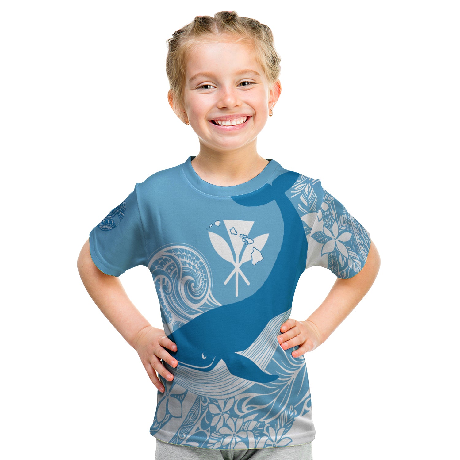 (Custom Personalized) Hawaii Kohol Humpback Whale Kid T Shirt Cerulean LT7 - Polynesian Pride