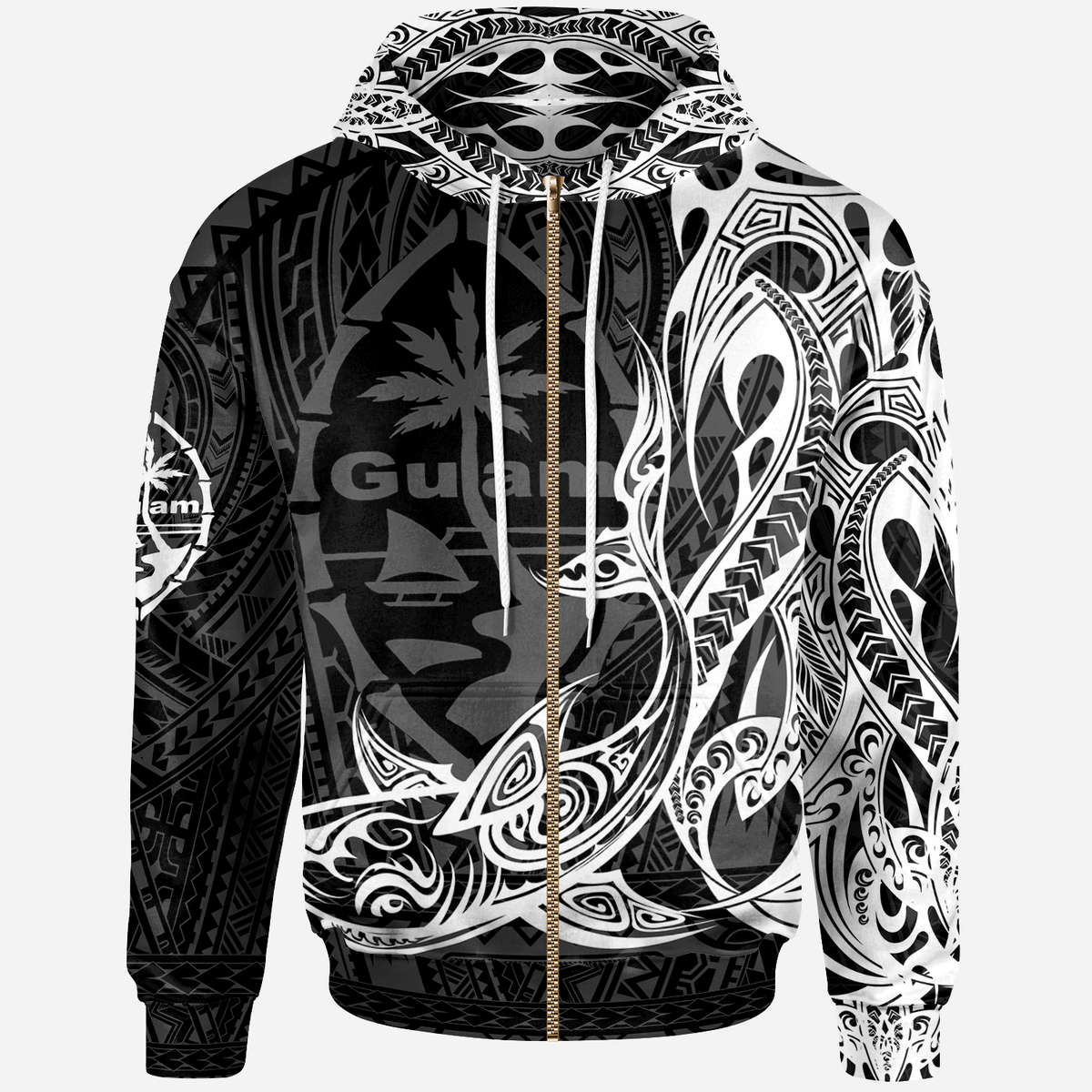 Guam Zip up Hoodie Guam Seal With Shark Unisex Black - Polynesian Pride